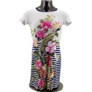 Tommy Bahama Kahuna Cascade T-Shirt Dress White Navy Striped Floral XS
